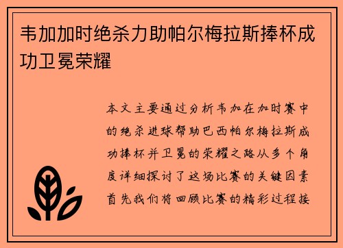 韦加加时绝杀力助帕尔梅拉斯捧杯成功卫冕荣耀